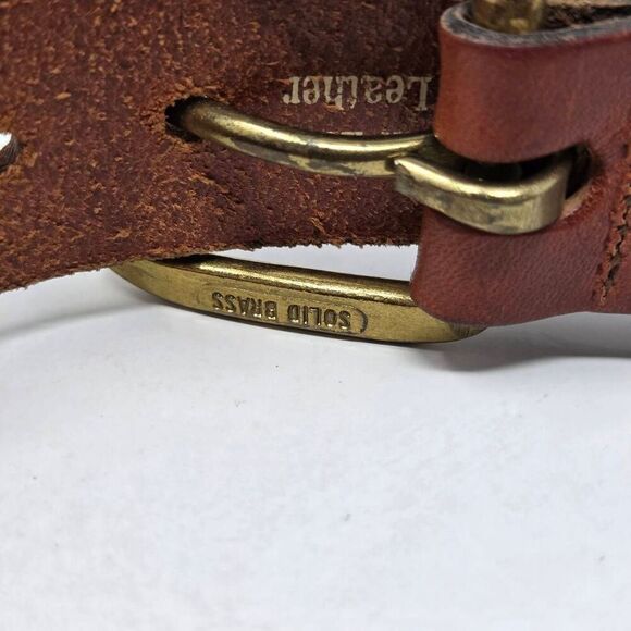 LEATHER MAN LTD. BROWN BELT NAUTICAL FLAGS BRASS BUCKLE HAND MADE SIZE 34 - Picture 5 of 6